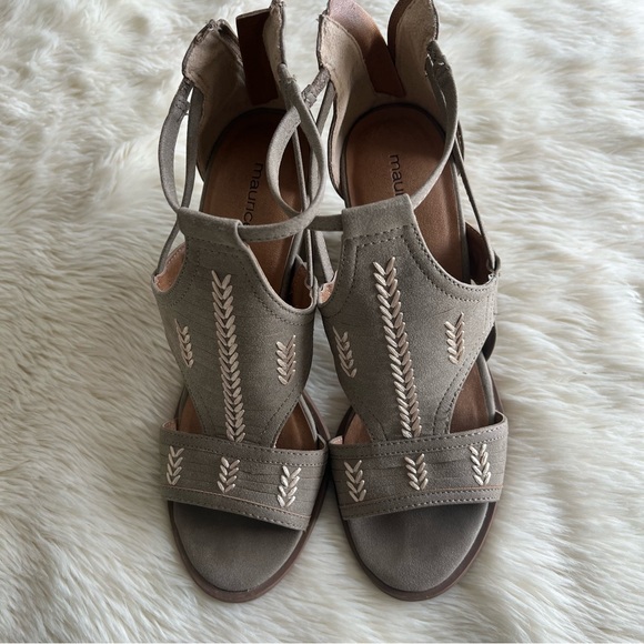 Taupe Embroidered Design Strappy Block Heals - Picture 3 of 9